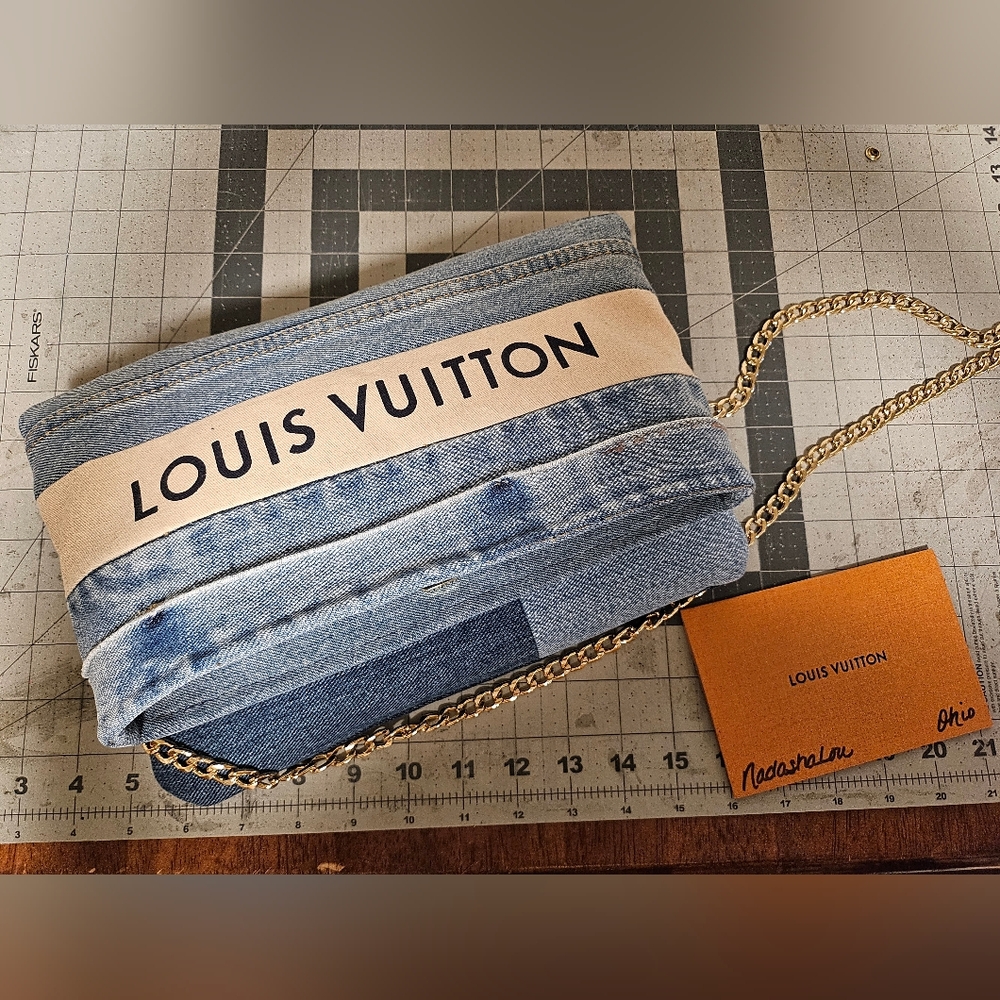 ❌️SOLD❌Repurposed Denim Clutch Crossbody made w authentic LV dustbag and leather